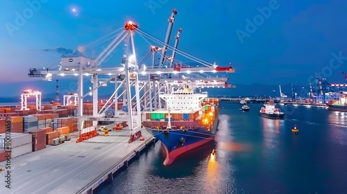 Illuminated Cargo Port with Container Ships and Cranes at Dusk