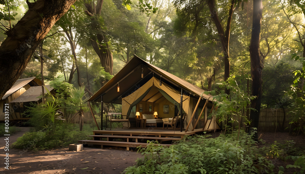 Nestled among the towering trees of a tranquil forest are bungalow tents. These tents, with their earthy tones and canvas walls, blend seamlessly into the natural surroundings Nestled among the towering trees of a tranquil forest are bungalow tents. These tents, with their earthy tones and canvas walls, blend seamlessly into the natural surroundings