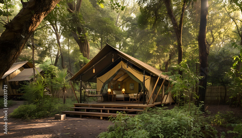 Nestled among the towering trees of a tranquil forest are bungalow tents. These tents, with their earthy tones and canvas walls, blend seamlessly into the natural surroundings © Mathias