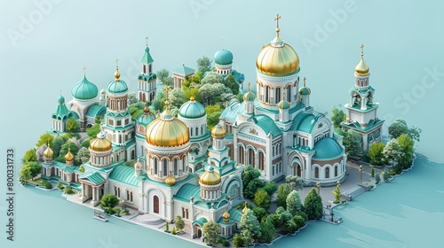 An isometric illustration of a Russian Orthodox church with golden domes and green roofs. The church is surrounded by trees and other buildings.