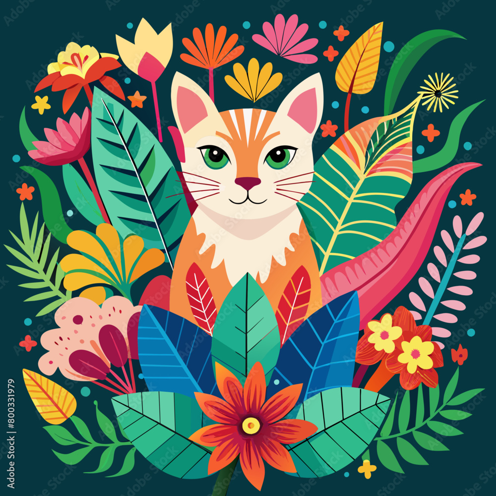 Vibrant Floral Cat Illustration: Whimsical Nature-Inspired Artwork