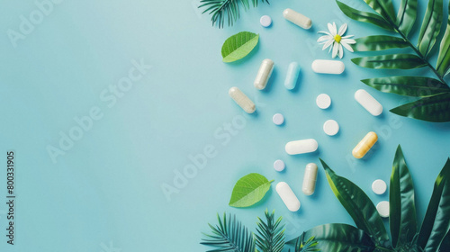 Vitamins or supplements pills dietary food healthy natural nutrition concept. Multivitamins and green leaves herbal treatment, homeopathy detox wellness medication organic background. Copy space.
