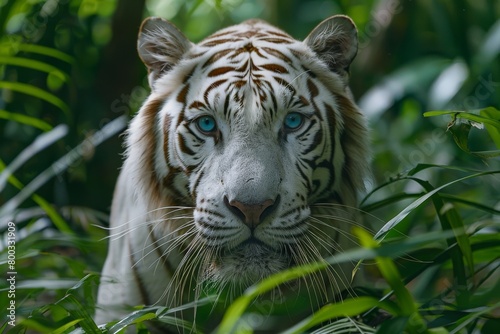 A regal white tiger prowling through a lush jungle  its piercing blue eyes and pristine coat evoking a sense of awe and wonder Face to face with white bengal tiger. Closeup portrait.