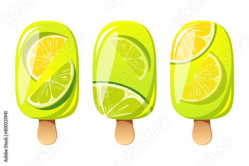 Ice cream with lime, fruit popsicle on a wooden stick with pieces of lime. Summer cold dessert, frozen juice, fruit ice. Vector illustration.