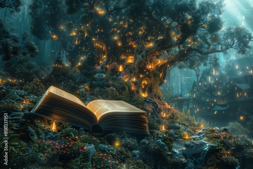 Old book lies open by a mystical tree and evening glow of faritale country in a magical forest
