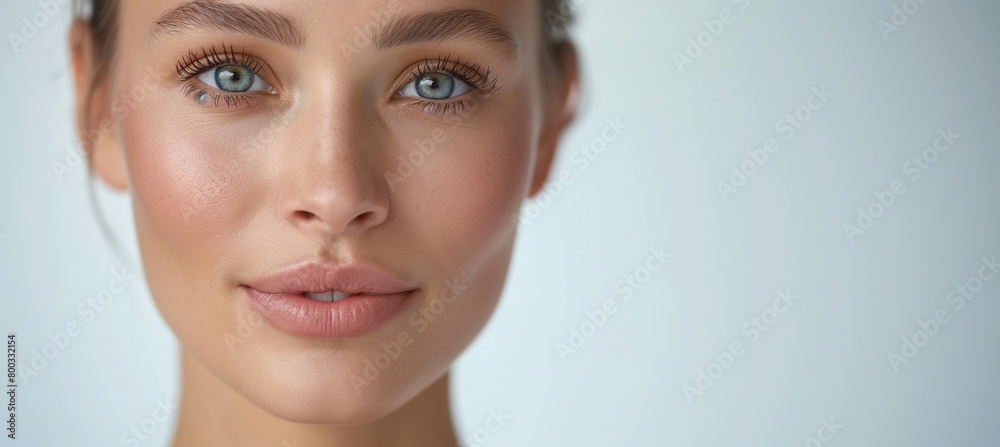 Studio image featuring a woman's clear complexion, facing the camera head-on, against a white backdrop Studio image featuring a woman's clear complexion, facing the camera head-on, against a white backdrop