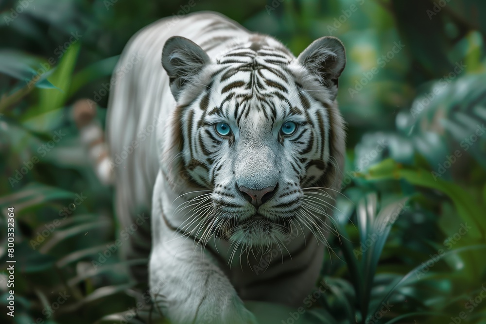 A regal white tiger prowling through a lush jungle, its piercing blue eyes and pristine coat evoking a sense of awe and wonder,Face to face with white bengal tiger. Closeup portrait.