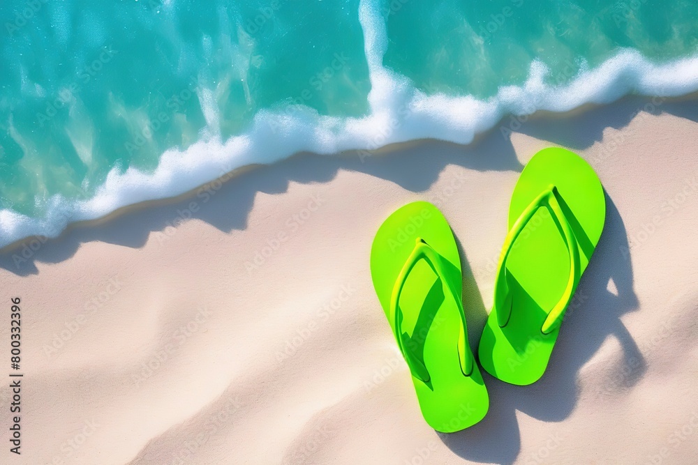 Naklejka premium bright summer flip flops on the beach. white sand, blue wave.