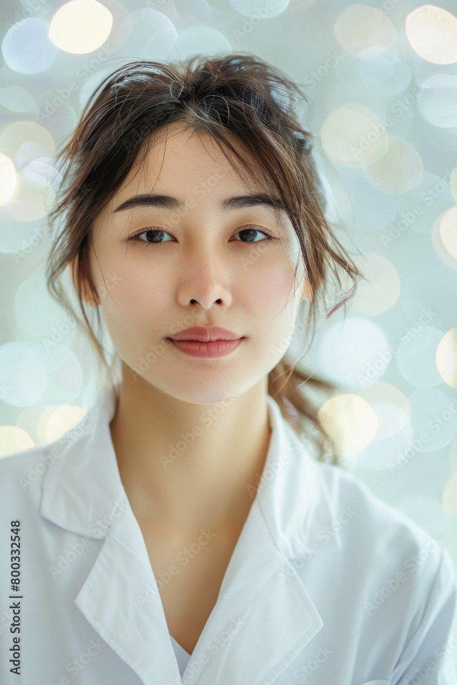 Fototapeta premium Young happy female doctor standing in medical hospital background. Woman physician therapist or obstetrician wearing uniform looking at camera in clinic. Healthcare medicine concept. Portrait.