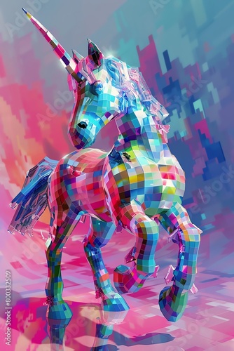 Explore the idea of inner strength with a unicorn, representing resilience, depicted in a pixel art style from a high-angle view Utilize vibrant colors to convey the psychological concept effectively photo