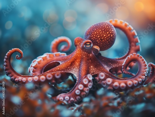 AI generated illustration of an octopus swimming among rocks and algae photo