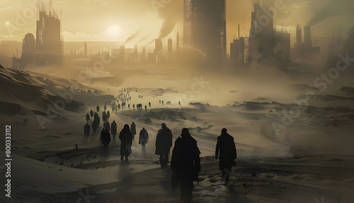 Personas caminando hacia una ciudad destruida. Apocalipsis en el desierto por el cambio climático. photo