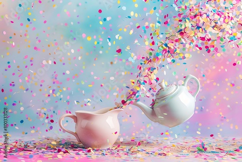 Pastel gradient backdrop featuring a whimsical teapot pouring a cascade of colorful confetti. photo