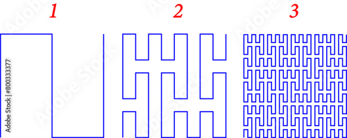 Three iterations of the Peano curve construction.Vector illustration.