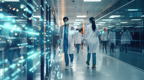 Medical hospital with busy professional staff personnel blurred rush background. Medical clinic lobby with doctors walking in hallway. Healthcare and medicine concept. Double exposure.