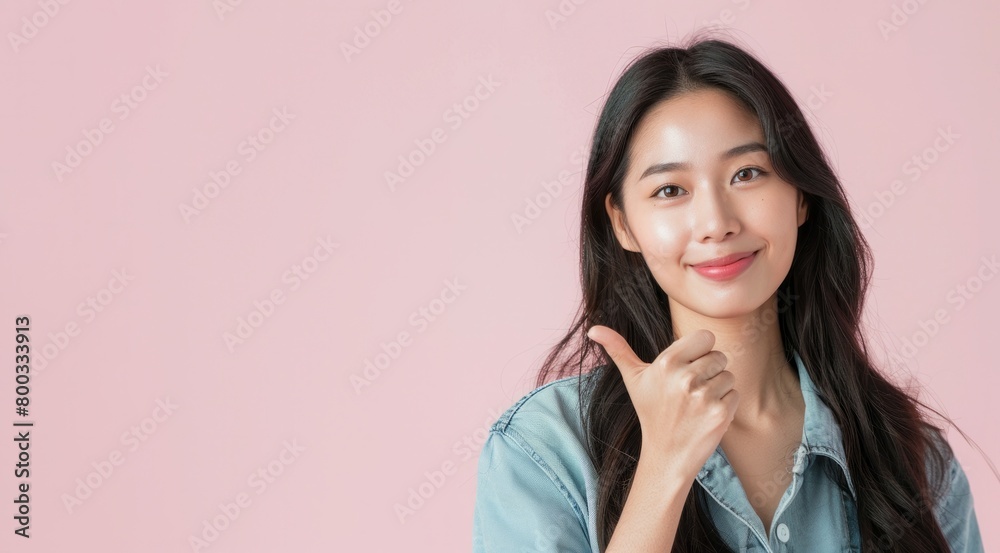Studio shot of cheerful beautiful Asian woman in denim shirt and showing thumbs up or like on pink background. Studio shot of cheerful beautiful Asian woman in denim shirt and showing thumbs up or like on pink background.