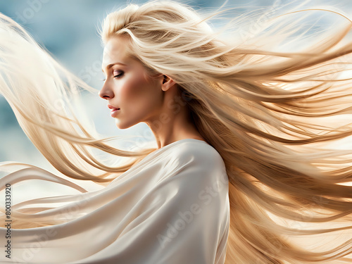 Close-up portrait of a woman in long straight hairs blowing. Perfect image for hair care and cosmetic products. Copy Space for text and branding.