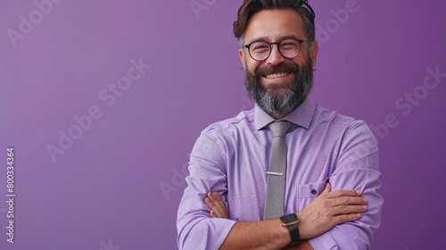 A Handsome businessman with beard wearing casual tie and glasses over purple background happy face smiling with crossed arms looking at the camera, Positive person