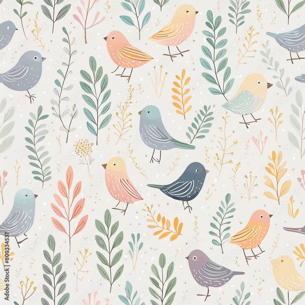 Naklejka premium 北欧風 小鳥と植物のパターン素材