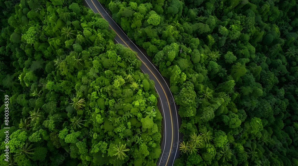 Aerial View of Winding Asphalt Road Cutting Through Lush Green Forest Landscape Aerial View of Winding Asphalt Road Cutting Through Lush Green Forest Landscape