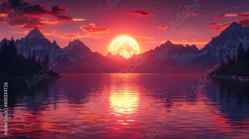 A beautiful sunset over a lake with mountains in the background  AI