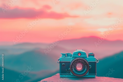 Pastel gradient backdrop showcasing a vintage camera capturing a breathtaking panorama of mountains.