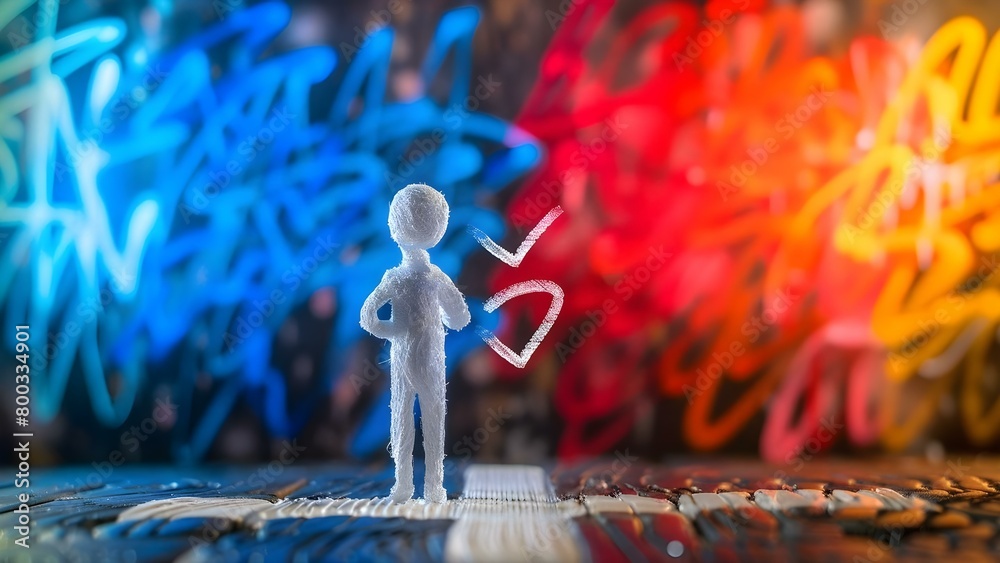 Stick figure at crossroads between right and wrong decisions ...