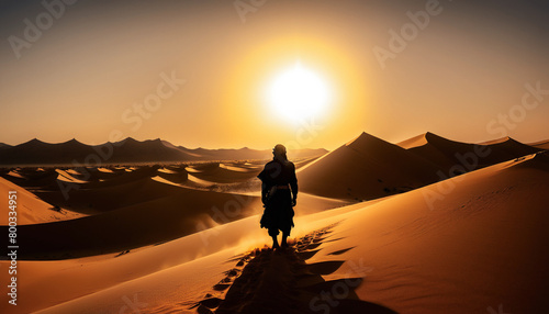 illustrazione di sagoma di persona in controluce ferma tra le dune di un deserto