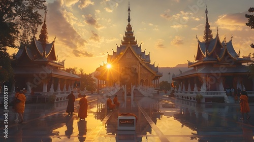 Majestic Thai Temple at Sunrise with Monks in Meditation