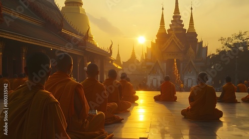 Sunrise over a Majestic Thai Temple with Meditating Monks in Saffron Robes