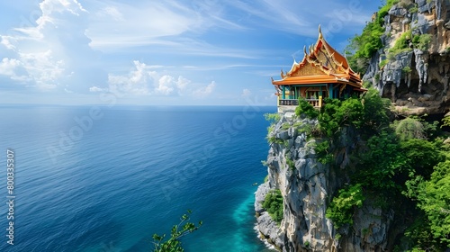 Majestic Cliffside Temple Overlooking the Serene Turquoise Seas of Thailand
