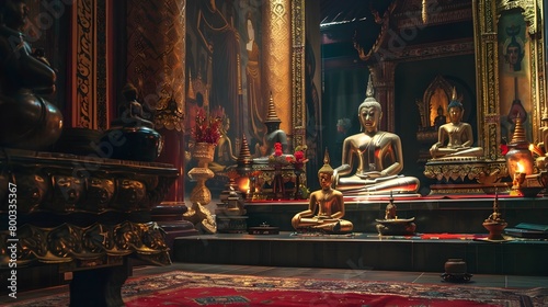 Ornate Interior of a Thai Temple's Meditation Hall with Golden Buddha Statues and Opulent Tapestries