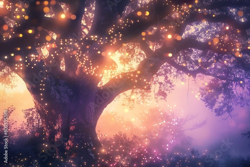 Pastel gradient backdrop showcasing a majestic oak tree adorned with twinkling fairy lights.