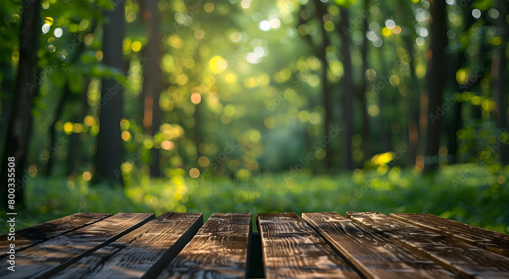 A wooden table in a green forest surrounded by tall trees with a blurred background, perfect for outdoor events and nature-themed designs. A wooden table in a green forest surrounded by tall trees with a blurred background, perfect for outdoor events and nature-themed designs.