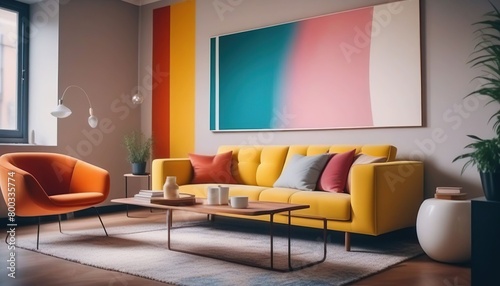 Interior of living room with sofa, lamp and colorful wall painting