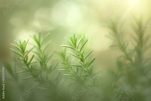 Rosemary and thyme, with natural light casting a gentle glow, plants bask in sunlight; bokeh effect adds to serene, natural ambiance. Close-up highlights dew on leaves, suggesting morning freshness.