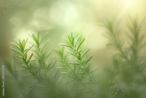 Rosemary and thyme  with natural light casting a gentle glow  plants bask in sunlight  bokeh effect adds to serene  natural ambiance. Close-up highlights dew on leaves  suggesting morning freshness.
