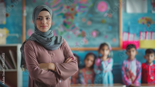Portrait of a beautiful Muslim woman teacher with hijab in a classroom with children in the background out of focus in high resolution and high quality. concept teacher, classes, culture