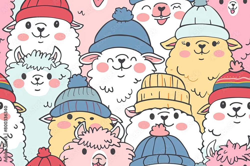 Fototapeta premium Cheerful Alpacas in Colorful Hats,Adorable Alpacas in Cartoon Hats Collection