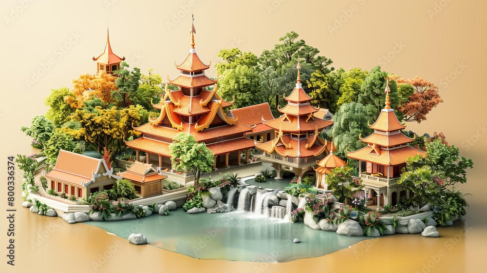 Naklejka premium A beautiful ing of a traditional Chinese courtyard with a rock garden, waterfall, and trees