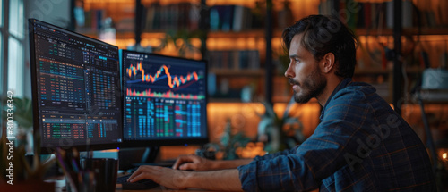 Stock trading investor  financial advisor or analyst working analysing crypto exchange market charts using computer investing money in finances market analyzing data on screen  over shoulder.