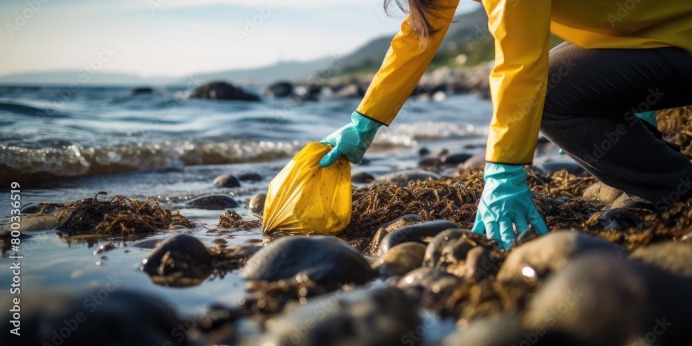 Fototapeta premium Volunteer with Protective Gloves Removing Plastic Bottle from Shoreline