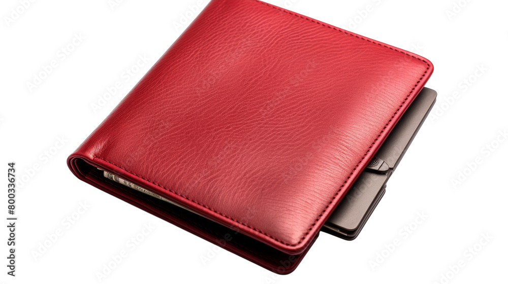 A vibrant red leather wallet rests elegantly on a pristine white background A vibrant red leather wallet rests elegantly on a pristine white background