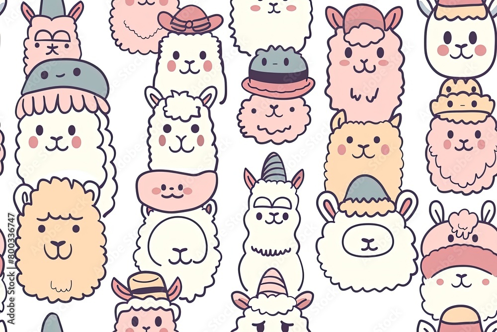 Fototapeta premium Cheerful Alpacas in Colorful Hats,Adorable Alpacas in Cartoon Hats Collection