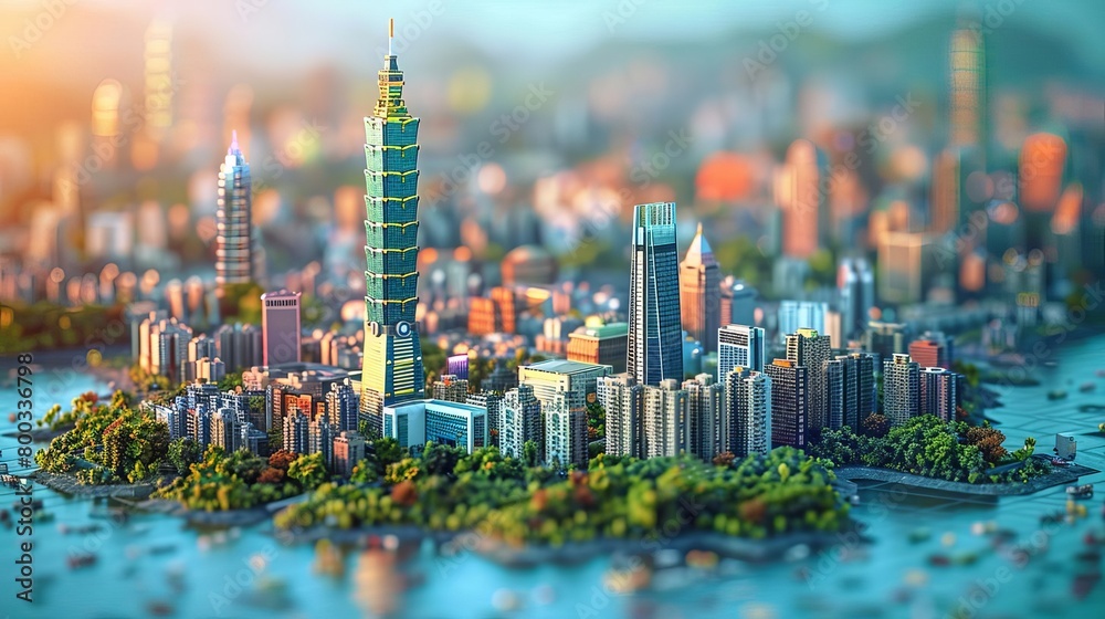 Obraz premium A miniature Taipei 101 and the surrounding area sit on a patch of land surrounded by water