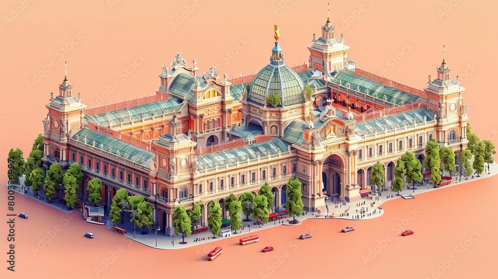 Obraz premium Isometric illustration of a grand Beaux-Arts railway station with a copper roof and a large clock tower.
