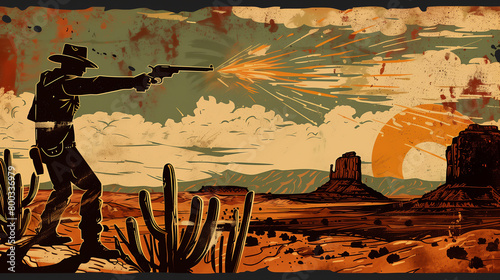 American cowboy outlaw gunslinger in the Wild West frontier of Texas shooting a revolver gun in the style of a vintage distressed painting retro poster, stock illustration image