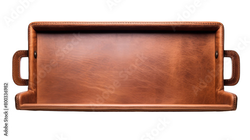 A brown leather tray resting calmly on a pristine white background, exuding elegance and poise