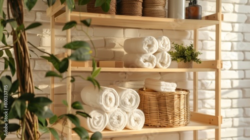 Wooden shelf with toilet paper rolls, clean towels and decoration generative ai