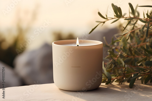 Stylish candle mockup in a tranquil setting, ideal for adding text. Features minimalist branding of an aromatic candle in soft Generative AI,